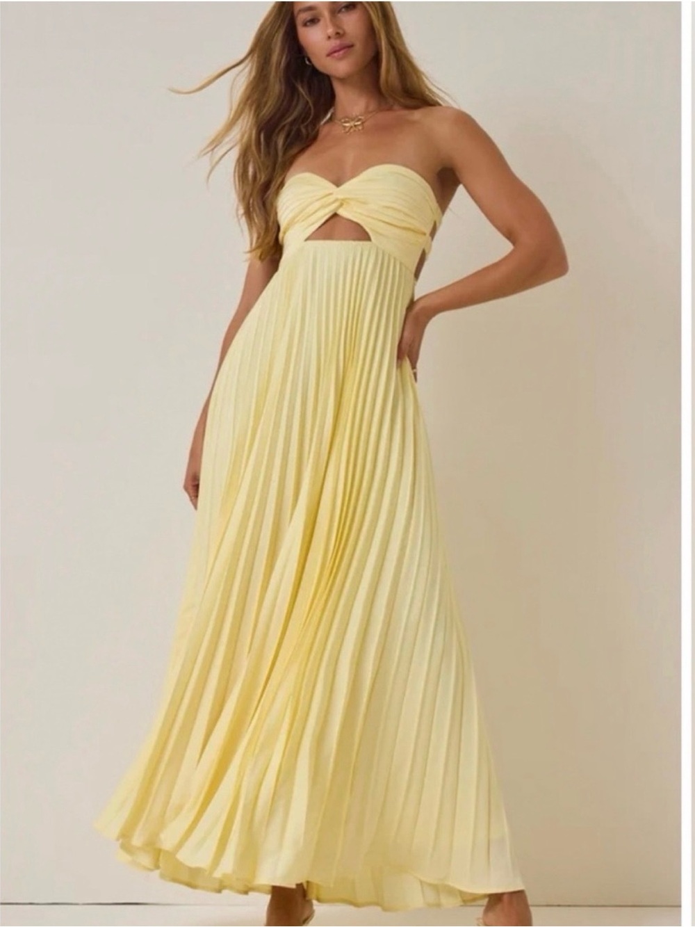 Altar'd State Strapless Twist-Front Pleated Maxi Dress - Pale Yellow